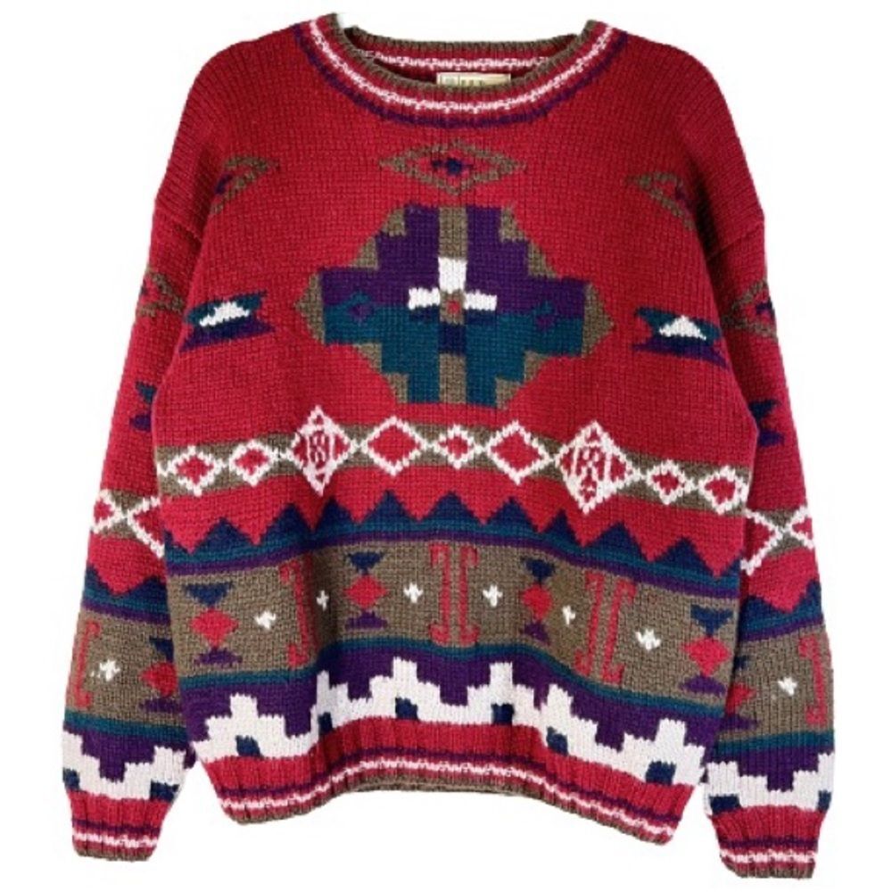 L.L. Bean Vintage 80's 100% Wool Aztec Western Crewneck Sweater Chunky Knit - Picture 1 of 8